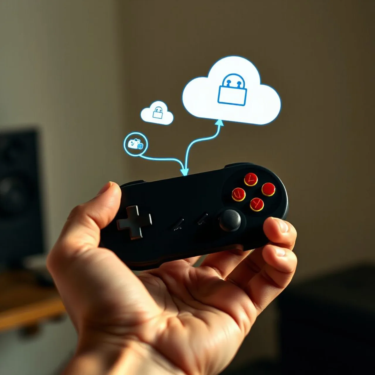 Logotipo da 1Retro ao lado de um controle pixelado e um ícone de nuvem, simbolizando salvamento na nuvem de jogos retro
