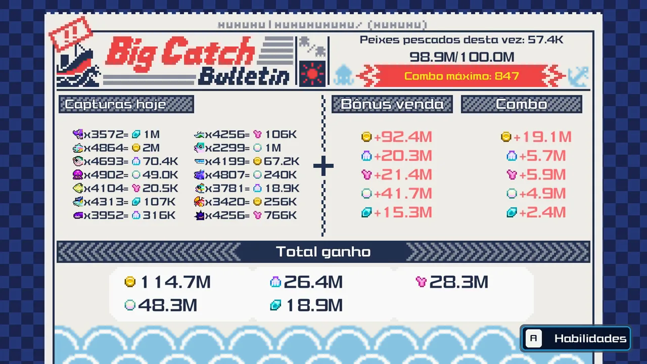 Tela de resultados da rodada com o total de peixes pescados em Fish Them All!