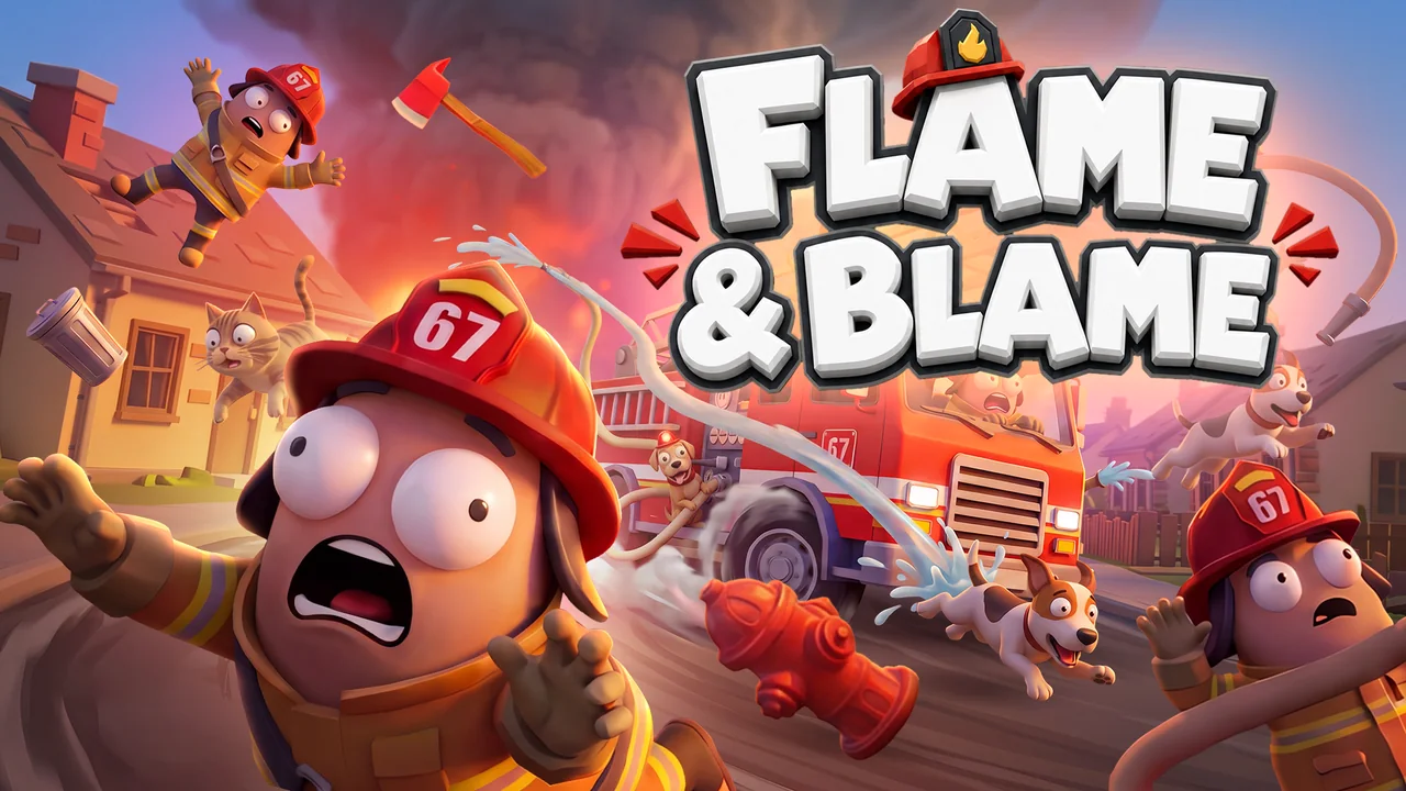 Arte oficial de Flame and Blame com bombeiros desastrados, caminhão de bombeiro e cachorros fugindo de um incêndio