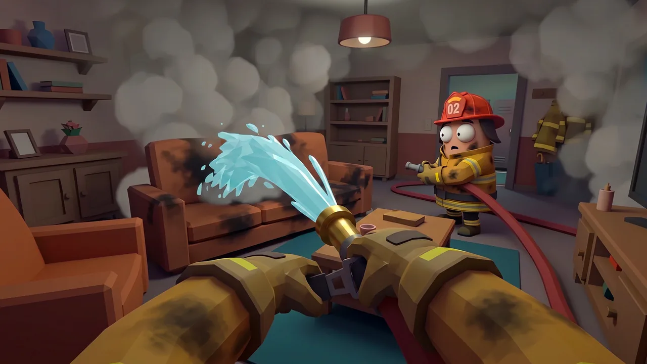 Bombeiro apagando incêndio com a mangueira em uma sala cheia de fumaça em Flame and Blame