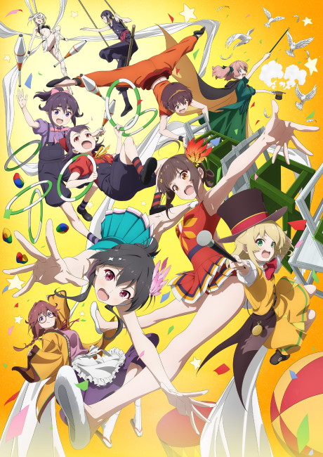 Jovem vestindo camiseta de anime faz alongamento ao lado de pôster da série Himawari no Circus-dan
