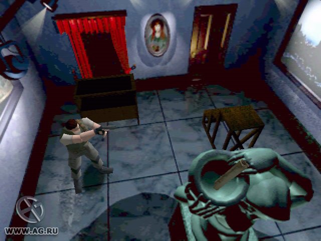 Homem correndo na esteira enquanto segura um controle de videogame, ao fundo pôster de Resident Evil
