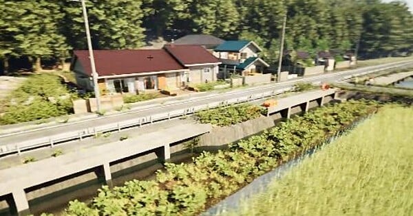 Modelo 3D detalhado de uma vila rural com casas de madeira, campos de milho e trilhas sinuosas ao pôr‑do‑sol