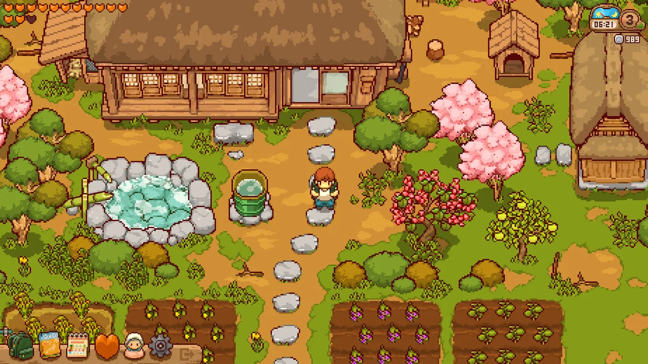 Casa tradicional japonesa com telhado de palha e cerejeiras em Japanese Rural Life Adventure