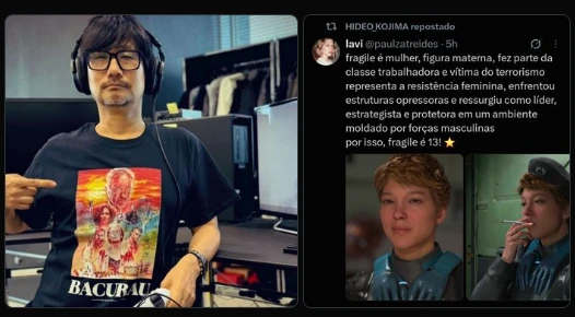 Montagem com Hideo Kojima vestindo camiseta de Bacurau e o repost do meme de Fragile no X