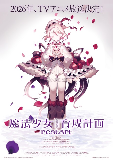 Jovem vestindo camiseta de anime faz agachamento com halteres ao lado de pôster de Magical Girl Raising Project