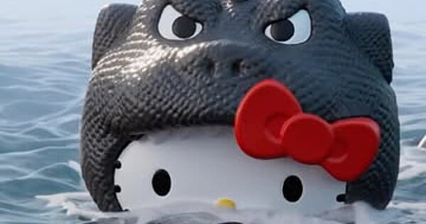 Garoto em roupa de ginástica segurando um hambúrguer do McDonald's ao lado de um copo de suco verde e um brinquedo Hello Kitty‑Godzilla