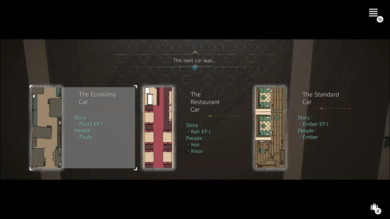 Tela de escolha do próximo vagão em Quiet Express: Cabin 909