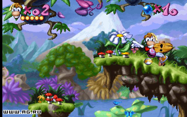 Rayman saltando entre plataformas vibrantes, com efeitos de luz modernos e detalhes nítidos da engine Snowdrop