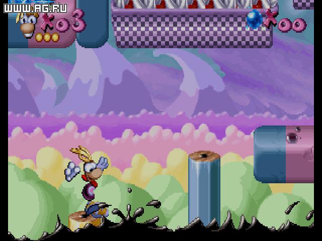 Personagem Rayman correndo em cenário vibrante com elementos de floresta e moedas flutuantes ao fundo