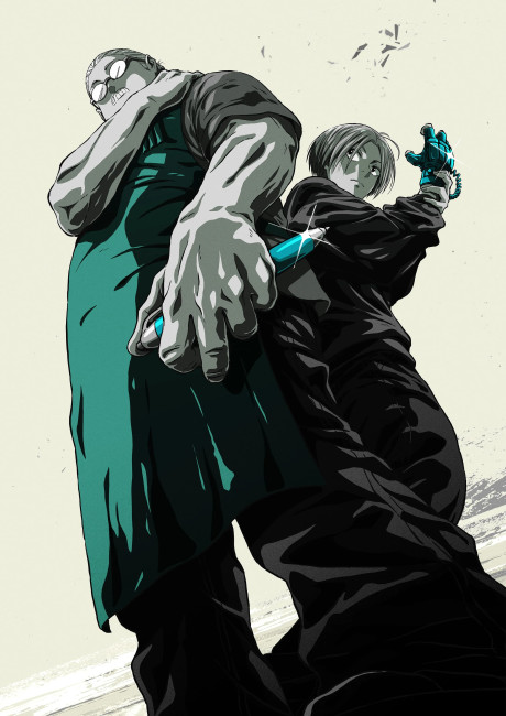 Um jovem sentado em um tatame, segurando o volume de Sakamoto Days, enquanto faz flexões com halteres ao lado