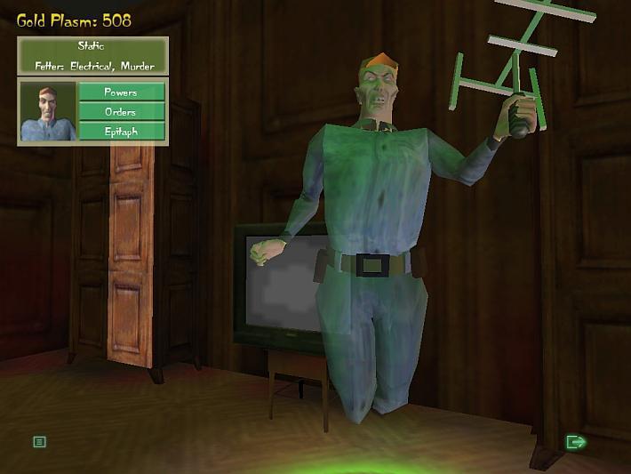 Homem em camiseta esportiva segurando joystick, rodeado por luzes néon e máscara de fantasma