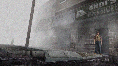 Jovem em esteira, fones, segurando controle, tela portátil exibe Silent Hill, garrafa d'água ao lado