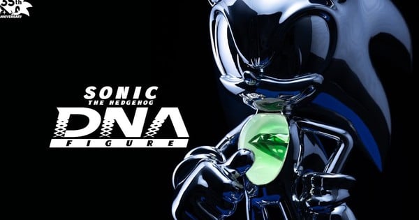 Jovem levantando halteres ao lado da figura do Sonic em cristal verde, destacando DNA sintético