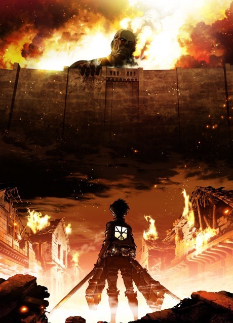 Um jovem musculoso levantando halteres, com ao fundo silhuetas de Titãs e os logotipos da WIT Studio e MAPPA