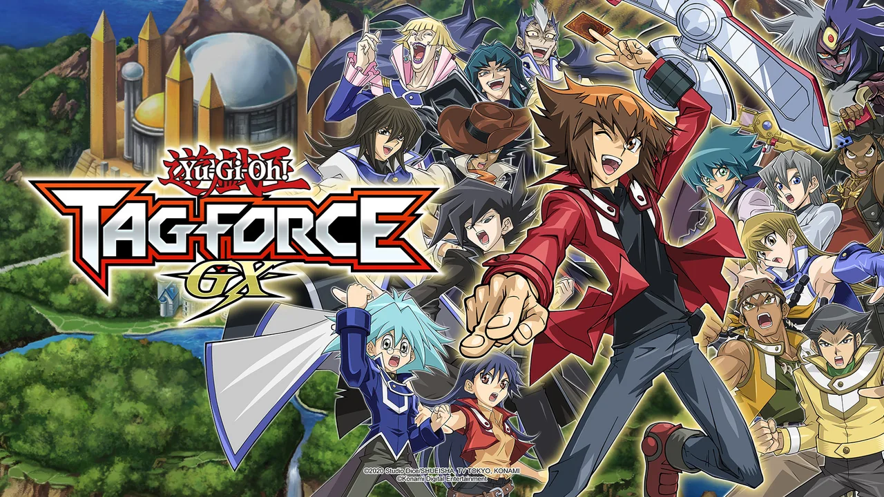 Arte oficial de Yu-Gi-Oh! TAG FORCE GX com Jaden Yuki e o elenco de GX (imagem: Konami)